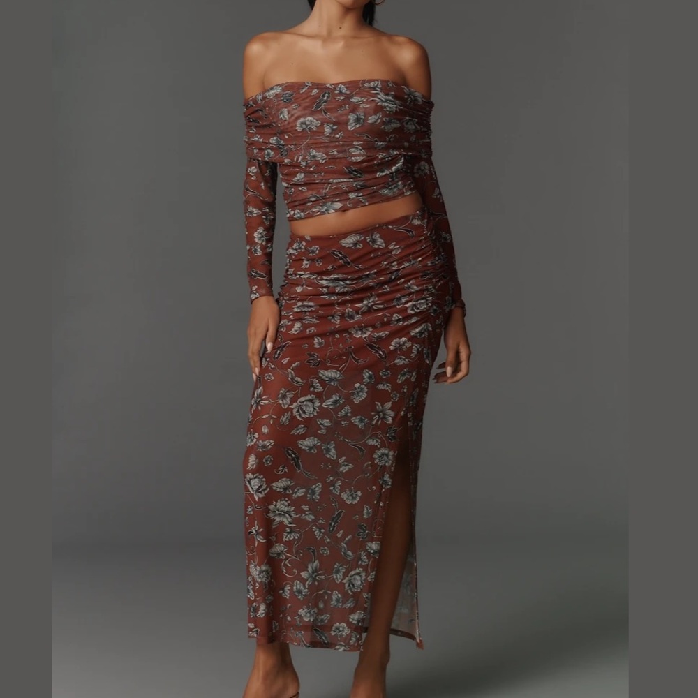 The Aleda Mesh Ruched Maxi Skirt and Top Set by Maeve from Anthropologie
